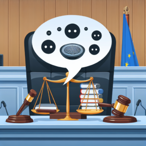 "Apple logo with a gavel and a speech bubble, symbolizing the settlement of a lawsuit regarding Siri's voice recording practices"