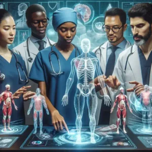 "Equipes médicas em treinamento com tecnologia de realidade virtual, demonstrando inovação na capacitação dos profissionais de saúde para melhorar habilidades e atendimento ao paciente."