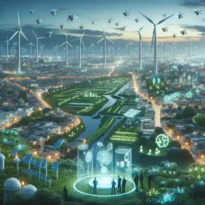 "Imagem de tecnologias emergentes na proteção do meio ambiente, incluindo painéis solares, turbinas eólicas e sistemas de reciclagem, representando inovações sustentáveis para um futuro verde."