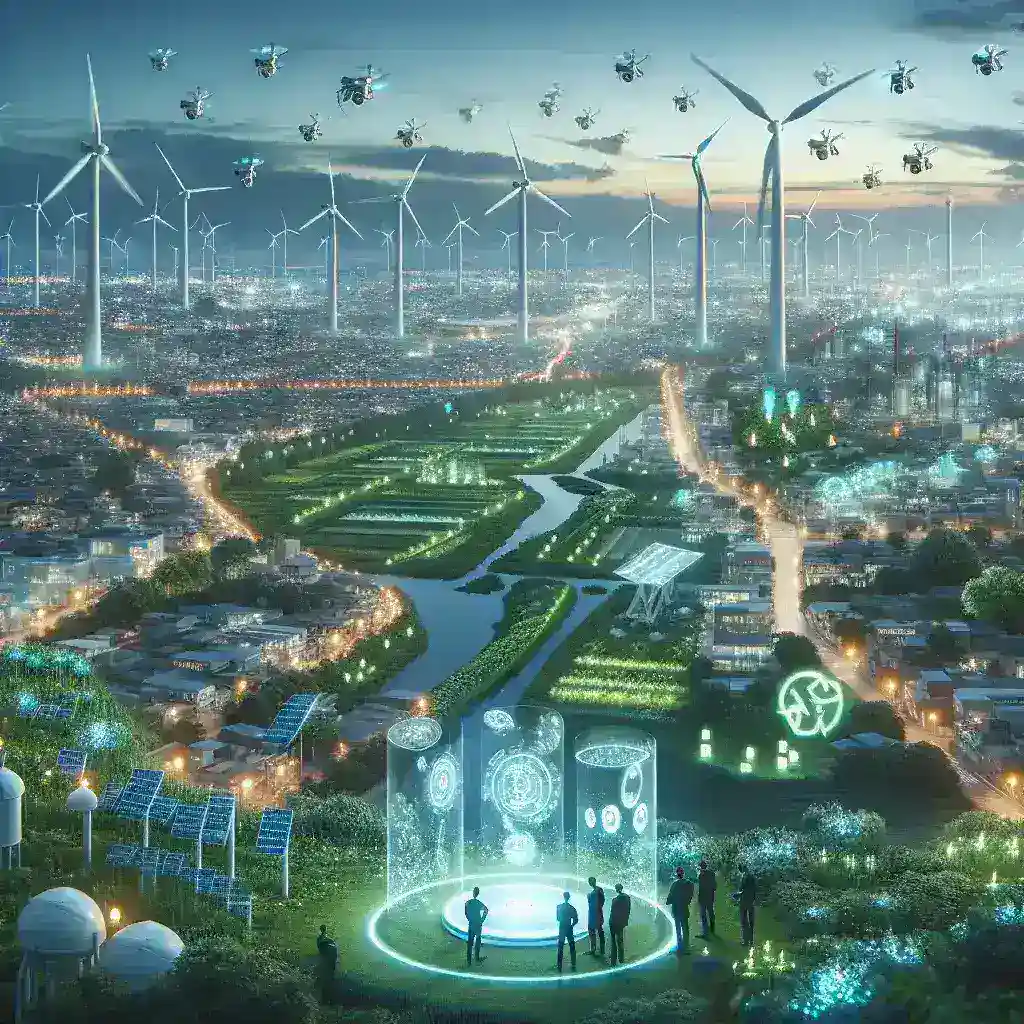 "Imagem de tecnologias emergentes na proteção do meio ambiente, incluindo painéis solares, turbinas eólicas e sistemas de reciclagem, representando inovações sustentáveis para um futuro verde."